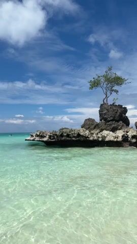 The video shows a serene tropical beach scene. The foreground is dominated by crystal-clear turquoise water, with sunlight creating shimmering patterns on the sandy bottom. In the middle ground, a rocky outcropping juts out of the water, topped by a lone, windswept tree. The tree is small and green, its branches reaching towards the sky. Beyond the rocks, the ocean stretches out, meeting a bright blue sky dotted with fluffy white clouds. The overall impression is one of tranquility and natural beauty, with the gentle movement of the water and the vastness of the sky. There are no people visible in the immediate foreground or on the rocky outcrop. The scene is quiet and still, suggesting a peaceful moment in paradise.