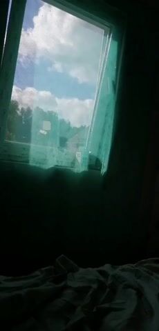 The video shows a view through a window. Sunlight streams in, illuminating white clouds against a blue sky. Trees are visible outside the window, as well as part of a building. The window itself has a green mosquito net pulled across it, and the room in the foreground is dark, with only a sliver of light at the bottom.