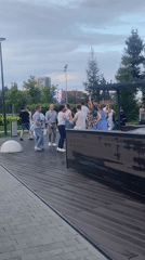 Outdoor dancing in a Perm plaza on a July afternoon