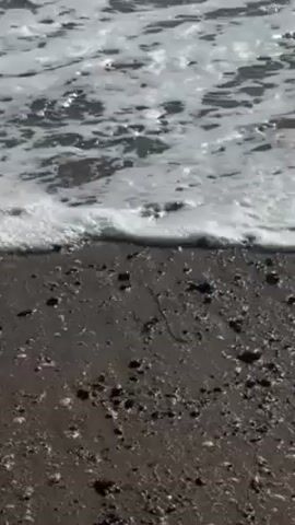 The video shows waves lapping against a rocky shore. The water is a grayish-white with foam. The sand and rocks are dark brown and black. The waves are moving towards the shore and receding back into the ocean. There is no visible person or structure.