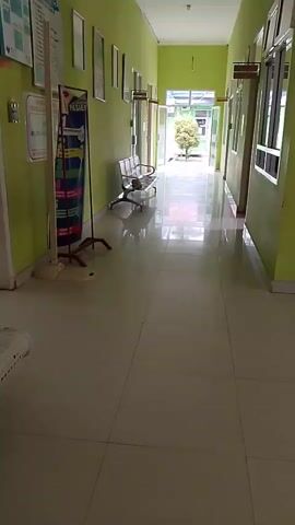 The video shows a view of a hallway in a building. The hallway is painted green and has tile flooring. There are several doors along the hallway, some with signs above them. There are also some benches and a wheelchair visible. At the end of the hallway, there is an open doorway leading outside to a courtyard with a tree and a car. The video also shows some signs and posters on the walls.