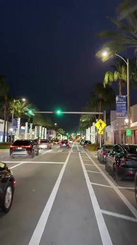 The video shows a nighttime view of a street with cars driving by. Palm trees line the street, and some are decorated with lights. The sky is dark. There are traffic lights and street lights visible. A crosswalk is also present. The cars are moving and appear to be going in the same direction. The overall atmosphere is that of a city street at night.