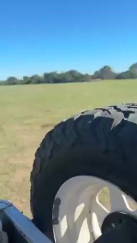 The video shows a view from the back of a vehicle, possibly a truck, moving across a grassy field on a bright, clear day. Several people are scattered across the field, some standing in small groups and others walking. In the distance, a dark-colored vehicle is visible. The camera angle is low, providing a view of the vehicle's interior and the surrounding environment. The overall impression is of an outdoor gathering or activity taking place in a large, open field.