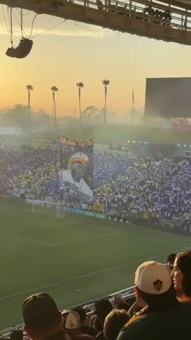 The video pans across a crowded stadium during what appears to be a soccer match. In the foreground, the backs of spectators' heads are visible, many wearing baseball caps. In the middle ground, a large banner is unfurled in front of a densely packed crowd of fans wearing yellow and blue. The banner features a portrait of a man wearing a hat and a necklace, with a car depicted behind him. The background shows palm trees and a hazy sky with the sun setting, casting a warm, golden light. The stadium appears to be open-air. There is some smoke or haze drifting across the field.