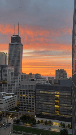 Chicago skyline glows during a striking summer sunset