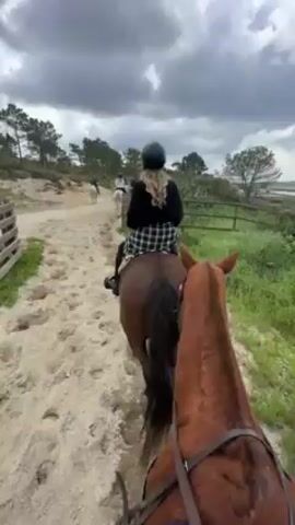 A person is riding a horse on a sandy path, part of a group of riders. The view is from the rider's perspective, showing the horse's neck and ears in the foreground, and the backs of other riders ahead. The person in front is wearing a helmet, a black top, and a black and white checkered shirt or jacket. The horses are light brown and dark brown. The path is sandy, with grass and a wooden fence on one side. In the distance, there is a body of water, trees, and a cloudy sky. The camera moves slightly as the horse walks.
