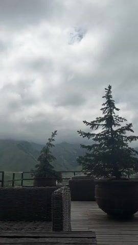 The video pans across a misty, overcast mountain landscape. In the foreground, the branches of pine trees obscure the view. In the distance, a church with two bell towers sits atop a green, grassy hill. The church appears to be made of stone and has a steeple. There are a few small figures visible near the church, possibly people. The overall atmosphere is somber and muted due to the cloudy weather.