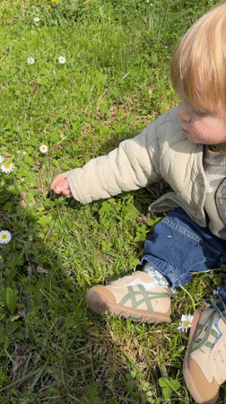 Toddler sits in daisy field in Erba, Italy