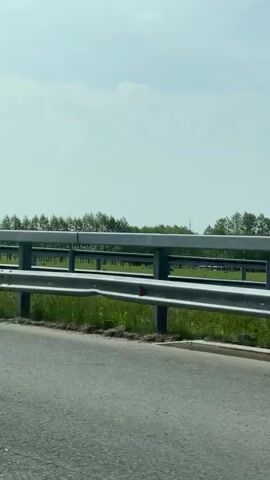 The video shows a car driving on a highway next to a green field. There is a metal guardrail between the road and the field. Power lines and trees are visible in the background.