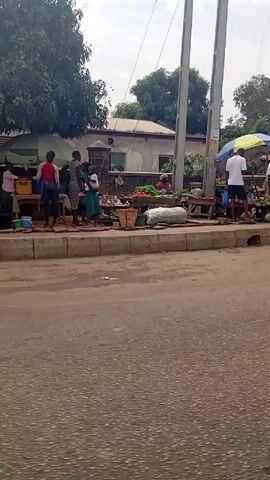 The video shows a bustling roadside market on a cloudy day. Several people are browsing and buying goods from vendors stationed behind concrete stalls covered with colorful umbrellas. A variety of fruits and vegetables are visible, including watermelons and tomatoes. People are dressed in casual clothing, and there is some light vehicle traffic in the background. The camera pans from right to left, revealing more of the market scene.  The environment appears to be a rural or semi-rural area with trees and buildings in the distance.