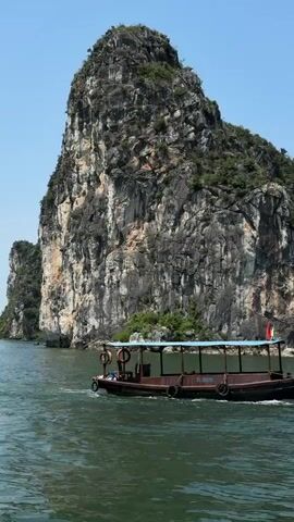 A small, brown wooden boat with a blue canopy is seen moving in open water, dwarfed by a massive, tree-covered limestone karst island in the background. The smaller boat approaches or is alongside a larger, multi-decked white cruise ship with a prominent red stripe along its hull. The cruise ship clearly displays "HA LONG FREEDOM CRUISE" on its side.

The larger vessel features multiple windows, railings, and what appears to be an observation deck. A Vietnamese flag (red with a yellow star) flies from the mast of the cruise ship. The water is calm and greenish-blue, reflecting the clear, bright blue sky above. The scene is bathed in sunlight, indicating a clear day. The distinctive limestone formations confirm the setting as Ha Long Bay, Vietnam.