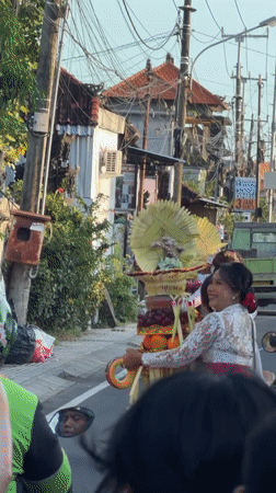 Traditional Balinese ceremony procession features motorbikes in Mengwi