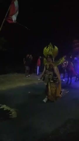 The video begins with a full shot of a person in a large, ornate, gold headdress and costume walking on a dark road at night. Behind them, a group of people are visible, some standing and watching, others walking. A horse-drawn carriage, decorated with colorful lights, is also present. The carriage is illuminated by bright blue and red lights. The person in the costume continues to walk forward, turning slightly to their left. A motorcycle with bright headlights approaches from the right side of the frame and passes the person in the costume, illuminating them and the surrounding area. The person in the costume continues to walk, and the carriage and surrounding people are visible in the background. The scene appears to be a parade or a cultural event taking place at night.