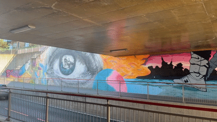 Giant eye mural brightens an underpass wall in Jessheim