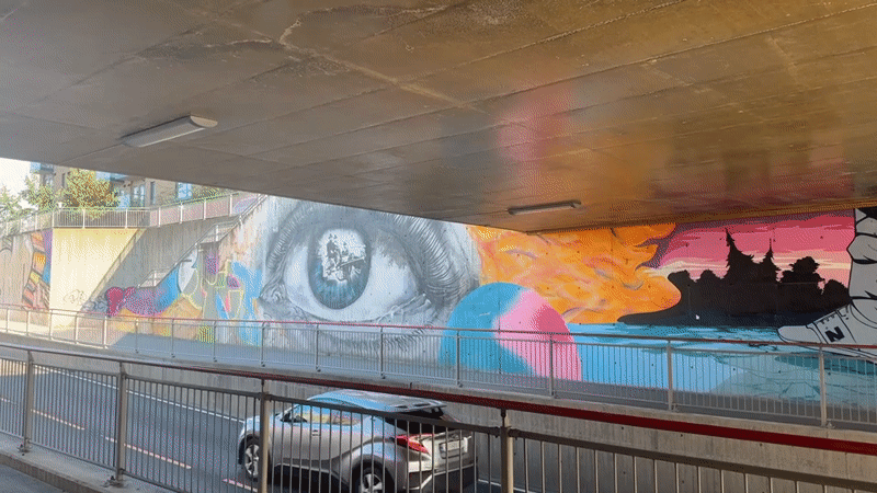 Giant eye mural brightens an underpass wall in Jessheim