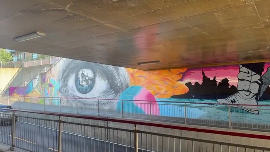 Giant eye mural brightens an underpass wall in Jessheim