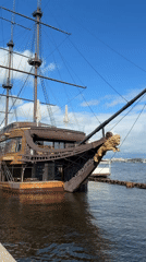Galleon restaurant ship docked on Saint Petersburg's sunny waterfront