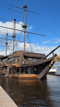 Galleon restaurant ship docked on Saint Petersburg's sunny waterfront