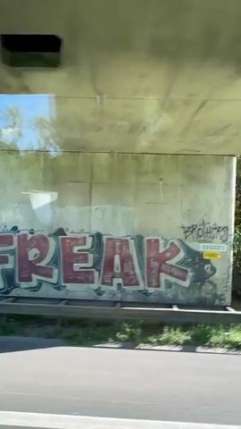 The video shows a passing view of a concrete overpass with graffiti on its support pillar. The graffiti is in red and gray lettering and spells out the word "FREAK." The view is from a moving vehicle, likely a car, on a road beneath the overpass. The sun is shining brightly, casting shadows. In the foreground, there is a metal guardrail and some green vegetation. A silver car passes by under the overpass in the distance. The video captures the movement of the overpass and surrounding environment from the perspective of the camera's position.