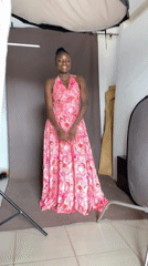 Studio portrait session in Bukuru, Nigeria, pink floral dress