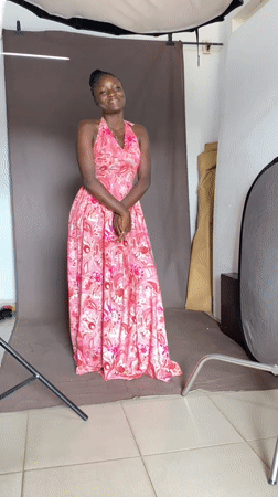 Studio portrait session in Bukuru, Nigeria, pink floral dress