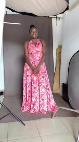 Studio portrait session in Bukuru, Nigeria, pink floral dress