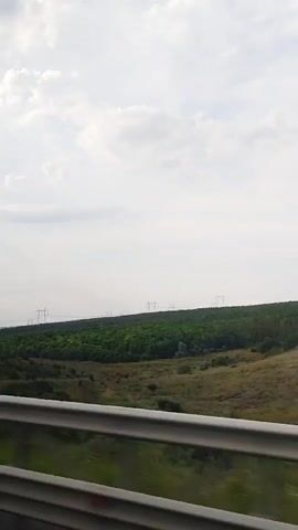 The video shows a landscape from a moving vehicle, likely a car, as indicated by the blurred foreground elements. The view is of rolling hills covered with vegetation, including green trees forming a dense forest in the middle ground. In the distance, power lines are visible against a cloudy sky. The ground is a mix of dry, brownish fields and greener, more varied vegetation. The perspective suggests the vehicle is traveling along a road with a guardrail in the immediate foreground. The lighting indicates it is daytime, with diffused sunlight filtering through the clouds.