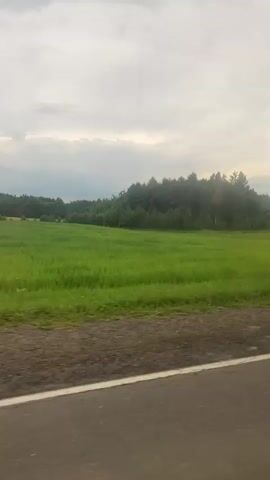 The video shows a view from a moving vehicle traveling on a paved road. On the right side of the road, there is a wide green field that extends to a dense line of trees in the distance. The sky is overcast with clouds. The perspective suggests the camera is positioned at window level within the vehicle. No people or other objects are visible in the field or on the road. The overall impression is of a rural landscape seen during daylight hours under cloudy skies.