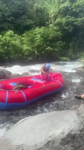A person wearing a blue helmet and a life vest is in a red and blue raft in a river. They are holding a bottle and appear to be pouring something into the raft. The raft is partially submerged in rushing water. There are large rocks in the river and lush green vegetation on the banks. The water is white and foamy, indicating rapids. The overall environment suggests an outdoor adventure activity.