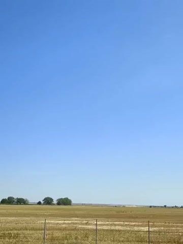The video shows a wide shot of a rural landscape under a clear blue sky. In the foreground, there is a dry, yellowish-brown field, likely harvested crops, with a wire fence running horizontally across the bottom of the frame. In the middle ground, a cluster of trees forms a small grove, and within or near this grove, a building or several buildings can be seen, suggesting a farm or isolated homestead. The horizon is flat and stretches across the frame, meeting the vast expanse of the sky. The scene is still and appears to be daytime, with bright lighting.