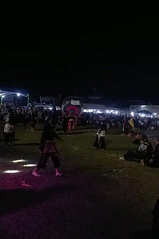 Here is a detailed description of the scene:

The video shows a group of people performing a traditional dance in an outdoor setting at night.  

People: The dancers are dressed in traditional costumes, including masks. There is also an audience.

Setting: The scene is set on a grassy field, illuminated by spotlights. A building can be seen in the background, with many lights.

Action: The dancers are moving in a coordinated manner, likely part of a traditional dance routine.

Overall, the video captures a cultural performance taking place in a community setting.