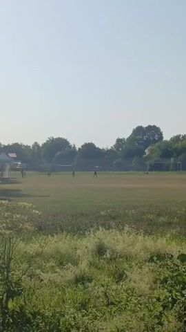The video shows a wide shot of a grassy field with a few people playing what appears to be a game of soccer. The field has two soccer goals visible at opposite ends. The sky is clear and bright, suggesting a sunny day. Trees line the perimeter of the field in the background, and there are some buildings visible in the far distance. The foreground of the video is dominated by tall green grass and some plants. The camera is stationary, and the people in the video are small in the frame, indicating a significant distance from the camera. The overall impression is of an outdoor sports activity taking place in a rural or suburban setting on a clear day.
