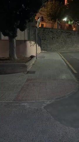 The video opens on a nighttime view of a sidewalk with textured paving stones, some of which have a tactile warning pattern. A street curb separates the sidewalk from a paved road with a yellow line. To the left, a mature tree with dark foliage stands next to a low wall and a metal fence. In the background, a stone wall rises, topped with trees and buildings illuminated by artificial lights. A prominent church tower, lit with orange and yellow lights, is visible against the night sky. A car is parked on the right side of the road. The camera pans slightly to the right, revealing more of the road and the church. The scene appears to be in a quiet, possibly historic, urban or semi-urban environment at night.