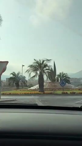 A vehicle drives past a roundabout with a fountain and a sculpture. The roundabout is decorated with palm trees and flowers. A traffic sign for a roundabout is visible. The sky is clear and the lighting suggests daytime. The view is from inside another vehicle, looking out.