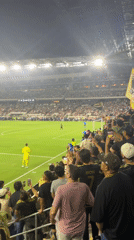 Nighttime soccer match at a packed Los Angeles stadium