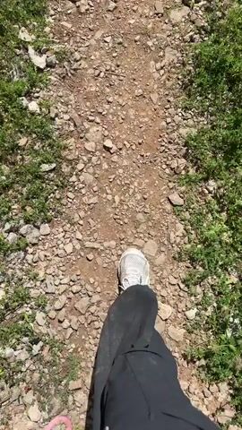 A person is walking on a dirt path surrounded by green vegetation. The path is covered with loose rocks and pebbles. As the camera pans to the right, the scene opens up to a field of grass and wildflowers. In the background, a rocky mountain range rises up against a blue sky with scattered clouds. The video appears to be taken during a sunny day.