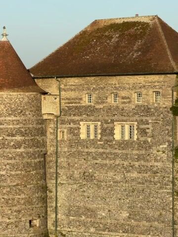 This media file features a panning view of Dieppe, France, captured during what appears to be early morning or late afternoon due to the warm, soft light bathing the scene. The camera begins by focusing on the intricate stonework of a castle tower with a conical, terracotta roof. This detail is followed by a wider shot revealing the castle's imposing structure, which then transitions to an expansive panorama of the town.

The townscape is characterized by a dense collection of buildings with red-tiled roofs, indicative of traditional European architecture. Prominent religious structures, including a church with a large rose window and a tall, gothic-style bell tower, are clearly visible amidst the urban sprawl. Beyond the town, a more modern residential area stretches towards a horizon dotted with trees and a distant water tower, suggesting the town's growth and integration with its surroundings. The sky is a clear, pale blue, with no clouds in sight, indicating fair weather. No people are visible in the media, and there is no visible text. The overall impression is one of historical depth and serene urban beauty.