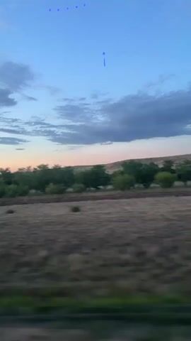 This is a video clip taken from a moving vehicle, likely a train, as indicated by the motion blur and perspective. The scene depicts a rural landscape in Kazakhstan, specifically near Шешенқара.

The time of day is either dawn or dusk, with the sky displaying a gradient of soft blues, purples, and oranges near the horizon, suggesting the sun is low in the sky. Scattered clouds are visible, adding texture to the sky.

The foreground is dominated by dry, grassy plains with some greenery along the bottom edge, also blurred by motion. A line of trees runs horizontally across the middle ground, appearing to follow a railway track or a road. Beyond the trees, rolling hills form the background, fading into the distance. A notable detail is a brown horse running in the middle ground, adding a dynamic element to the otherwise still landscape.

There are some digital artifacts or light reflections visible in the upper portion of the sky, appearing as purple dots and blue streaks. No visible text is present in the video. The overall mood is tranquil and somewhat expansive, capturing the vastness of the Kazakh steppe during twilight.