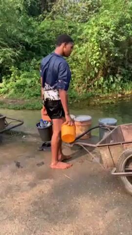 A young man is gathering water in what appears to be a rural area. He is barefoot and wearing shorts and a button-down shirt. He is carrying a small yellow bucket and pouring water into a larger bucket. Behind him is a small, shallow waterway surrounded by lush green vegetation. There are several buckets and a couple of small trailers nearby, suggesting that he is collecting water for some purpose.