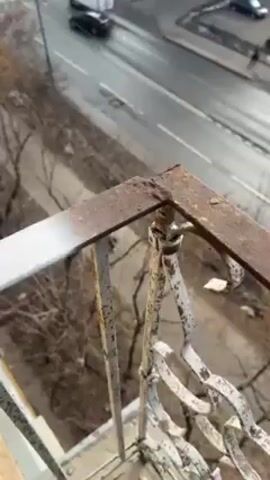 The video shows a person spray painting a rusty balcony railing from a high vantage point. The person holds a black spray can in their hand, applying a coat of white paint to the railing.  The background reveals a street with cars and a sidewalk with pedestrians, viewed from above.  The day appears overcast or rainy.