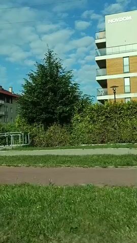 The video shows a side view of a building and its surroundings as if from a moving vehicle. The building is a multi-story structure with a tiled roof and light-colored walls, featuring balconies and numerous windows. A dense hedge runs along the front of the building, obscuring its base. A white fence with vertical posts is visible behind the hedge. To the left of the building, a red fire hydrant stands near the roadside. The foreground consists of green grass and a red strip, suggesting a pathway or road. The sky is blue with scattered white clouds. A single, tall tree with thin branches and lush green foliage is prominent in the later frames. A streetlamp is visible against the sky. In one frame, a person in light-colored clothing appears to be standing near a white structure behind the hedge. The overall scene depicts a residential or urban environment with greenery.