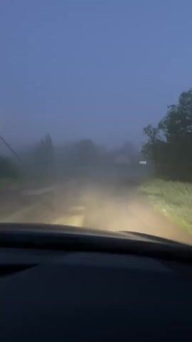 The video shows a car driving on a dirt road through heavy fog. The car's headlights illuminate the road immediately ahead. The environment is rural, with trees lining the road on both sides. There are glimpses of houses through the fog. The sky is a dull, overcast blue. The overall light level is low, suggesting it is either dusk or dawn.  A road sign is visible in the distance.