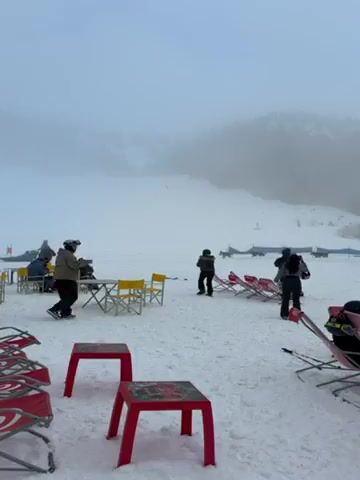 The scene takes place in a snowy, foggy landscape. Several people dressed for winter are present, some standing and others sitting at yellow and red chairs. In the distance, a team of dogs pulls a sled. A person in dark clothing waves from near the sled as the dogs approach. The environment is obscured by fog, adding a sense of mystery to the scene.