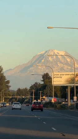 Mount Rainier looms large on a clear drive through Puyallup