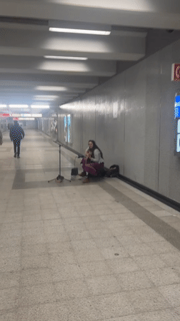 Street musician performs harp concert in Montreal subway tunnel