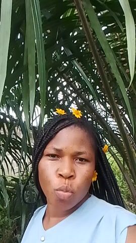 The video begins with a close-up, head-and-shoulders shot of a young Black woman. She is wearing a light blue t-shirt and her dark hair is styled in numerous braids. Several small, yellow flowers are woven into her braids. The woman is looking directly at the camera with a neutral expression, her lips pursed. She is positioned against a backdrop of lush green foliage. The lighting appears to be natural, suggesting the video was recorded outdoors. The image is slightly tilted to the right.