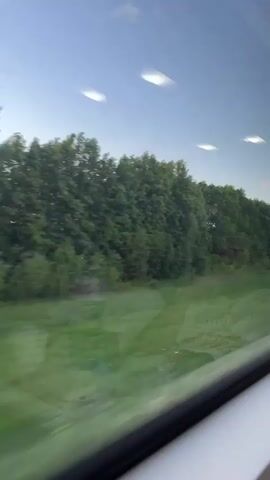 The video shows a view from a train window moving through a rural landscape. The foreground is dominated by a bright green field. Beyond the field, there's a dense line of trees with lush green foliage. Above the trees, the sky is a pale blue with a few scattered clouds. Reflections of the train’s interior lights are visible in the window. The video is shaky, likely due to the train's movement.