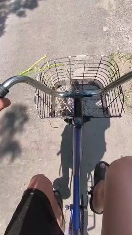 The video shows a first-person perspective of someone riding a bicycle. The rider's legs and arms are visible, as are the handlebars and a basket on the front of the bicycle. The basket contains some green plant material. In the rider's hand, there is a string with three purple flowers attached. The bicycle is moving along a paved path, likely a road or sidewalk, with dry grass and vegetation on the right side. Trees cast shadows on the path, suggesting it is daytime with sunlight. The overall mood appears to be peaceful and leisurely. The video captures a sense of movement and a connection with nature, as the rider is enjoying a ride and has picked flowers.