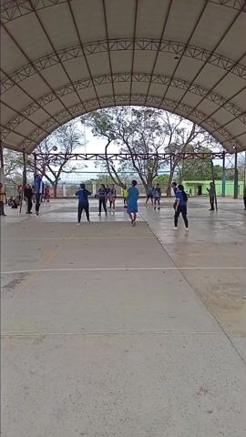 The video captures an outdoor volleyball game taking place on a concrete court. A metal structure covers the court, providing shade. On the court, two teams of around seven players each are engaged in a match. Players are dressed in athletic wear, predominantly blue. The net stretches across the center of the court.

The environment includes trees and greenery visible beyond the covered court, suggesting a park or recreational area. A few spectators are observing the game from the sidelines. The lighting is somewhat overcast, and the court has a slight sheen, possibly indicating moisture. 

During the clip, the ball is served, volleys occur, and players move around the court to position themselves. One player ends up on the ground in an attempt to reach the ball.