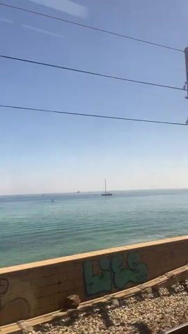 A train is moving along the coast on a sunny day. The camera is inside the train, looking out the window at the ocean. There are several sailboats on the water. The tracks run alongside a low wall topped with different types of fencing, from cinder block to wooden. Power lines run above the tracks. The ocean is a light blue-green color. The sky is clear and blue.